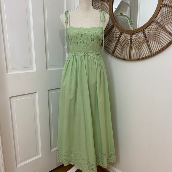 Mable Dresses & Skirts - MABLE Maxi Dress Sz S Green Eyelet Boho Tie Shoulder Cottagecore Resort Festival
